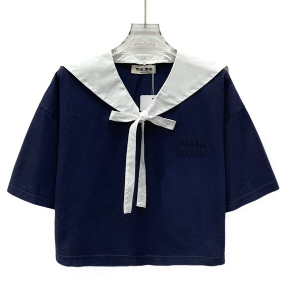GW0186 Miu Miu 22 models dark blue logo letter embroidered cotton lace-up bow sh - Picture 1 of 9